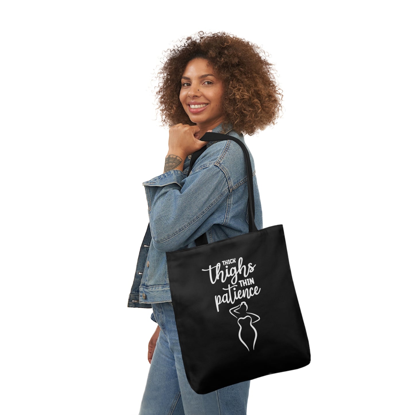 Thick Thighs Thin Patience Polyester Canvas Tote Bag in Black